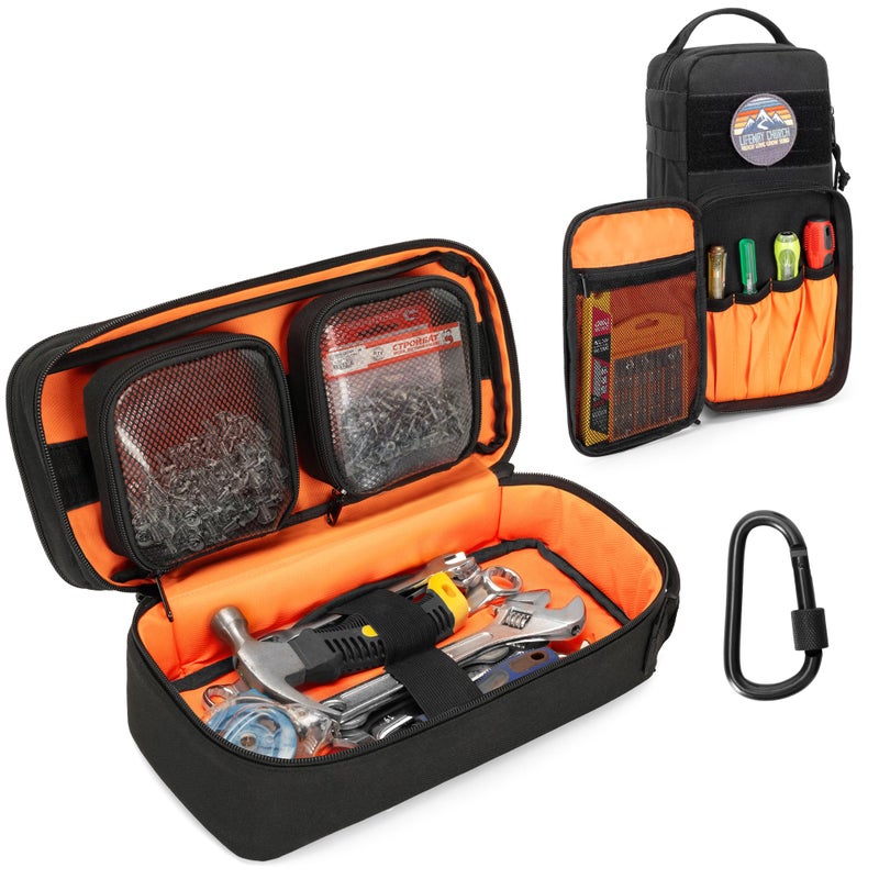 Rexmica Heavy Duty Small Tool Bag Storage with 2 Zipper Pouches, Multi-functional Tactical Molle Tool Organizer Case with Locking Carabiner for Camping, Road Trip, Electricians, EDC, Multimeter Case - Image 1