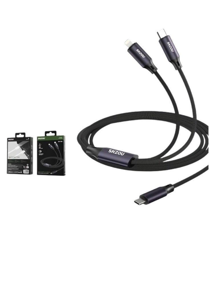 SNZOU Snzou DuoCharge 100W Dual-Port Type-C Cable The SN-164 Data Cable features a 2-in-1 dual-port design for simultaneous charging. With Thickened Wire Core Supporting 100W fast charging, it provides an efficient and reliable power supply for multiple devices. - Image 1