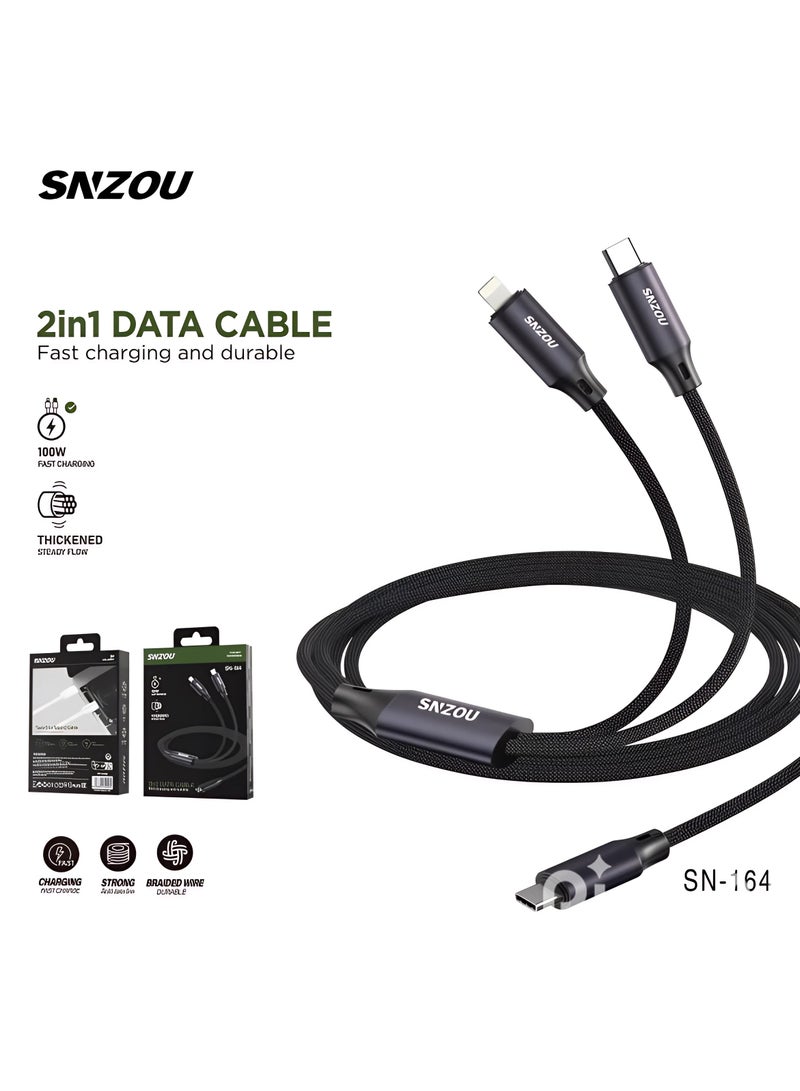SNZOU Snzou DuoCharge 100W Dual-Port Type-C Cable The SN-164 Data Cable features a 2-in-1 dual-port design for simultaneous charging. With Thickened Wire Core Supporting 100W fast charging, it provides an efficient and reliable power supply for multiple devices. - Image 3