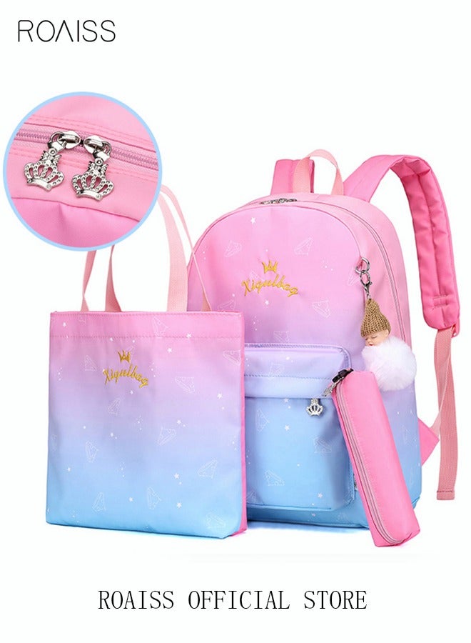roaiss 3-Piece Set Starry Sky Printed Functional Backpacks with Large Capacity  Schoolbag Shoulder Bag and Pencil Case with Doll Pendant for Kids Lightweight Waterproof Casual  Bag in Pink and Blue - Image 4