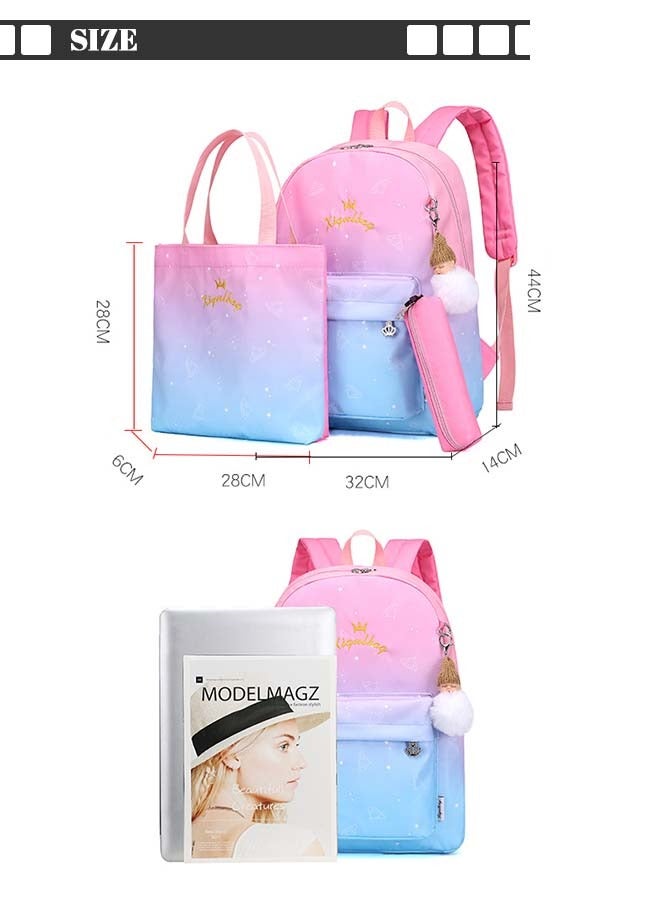 roaiss 3-Piece Set Starry Sky Printed Functional Backpacks with Large Capacity  Schoolbag Shoulder Bag and Pencil Case with Doll Pendant for Kids Lightweight Waterproof Casual  Bag in Pink and Blue - Image 2