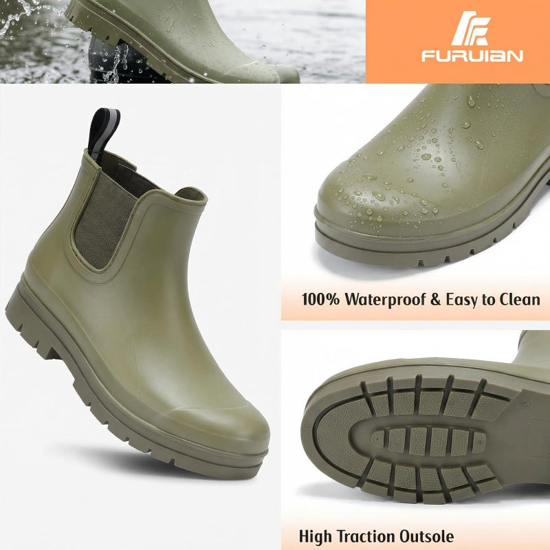 Furuian Women's Ankle Rain Boots Waterproof Chelsea Rain Boots Rubber Boots Women Short Garden Boots Anti Slip Outdoor Lightweight Work Bootiesï¼ŒGreenï¼Œ9 - Image 3