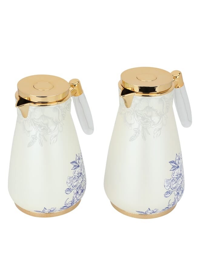 Alsaif Gallery طقم ترمس كريمي بتصميم زهور زرقاء ومقبض شفاف، 2 قطعة - Image 1