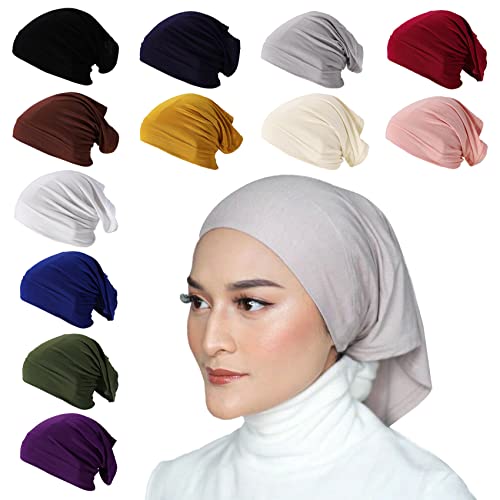 Jelyne 12 Pcs Under Hijab Cap Stretch Solid Color Muslim Under Scarf Bonnet Jersey Cap Unisex Head Wrap Tube Hat Opens on 2 Ends Neck Cover - Image 2