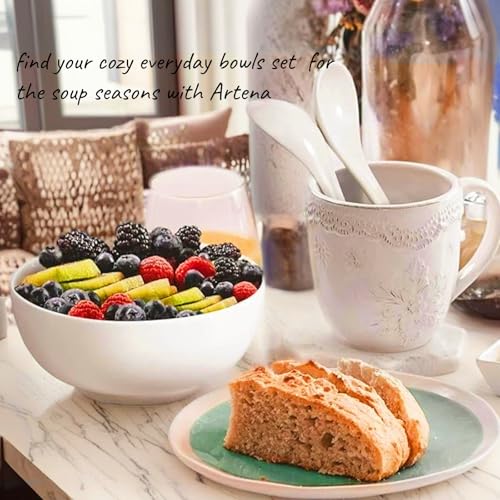 Artena Soup Bowls & Soup Spoons, 26 OZ Cereal Bowls & Cereal Spoons, White Ceramic Pho Bowl And Spoon Set for Ramen, Breakfast, Kitchen, Set Of 4, 6 inch Dishwasher & Microwave Safe - Image 4