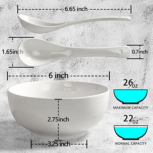 Artena Soup Bowls & Soup Spoons, 26 OZ Cereal Bowls & Cereal Spoons, White Ceramic Pho Bowl And Spoon Set for Ramen, Breakfast, Kitchen, Set Of 4, 6 inch Dishwasher & Microwave Safe - Image 2