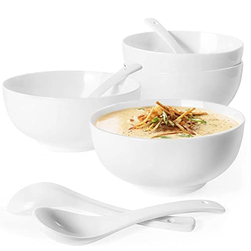 Artena Soup Bowls & Soup Spoons, 26 OZ Cereal Bowls & Cereal Spoons, White Ceramic Pho Bowl And Spoon Set for Ramen, Breakfast, Kitchen, Set Of 4, 6 inch Dishwasher & Microwave Safe - Image 1