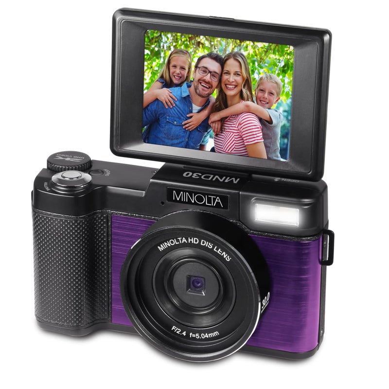 Minolta 30MP Digital Camera â€“ 2.7K Ultra HD Video, 3-inch 180Â° LCD Screen, Face Detection, Anti-Shake, 9 Scene Modes, Photo Burst, Panorama, CMOS Sensor, 32GB Card (Purple) - Image 2