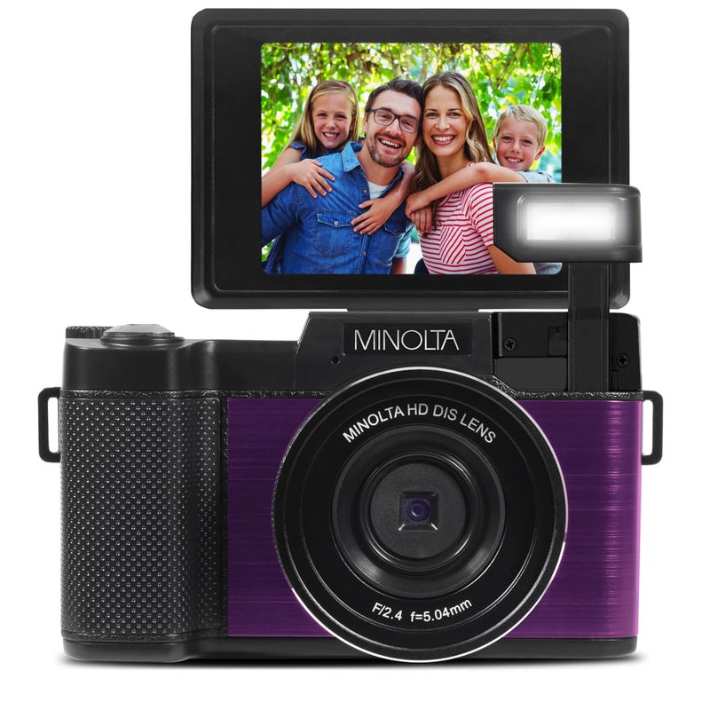 Minolta 30MP Digital Camera â€“ 2.7K Ultra HD Video, 3-inch 180Â° LCD Screen, Face Detection, Anti-Shake, 9 Scene Modes, Photo Burst, Panorama, CMOS Sensor, 32GB Card (Purple) - Image 3