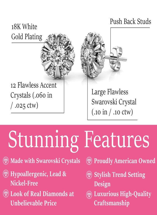 Cate & Chloe Millie 18k White Gold Stud Earrings with Round Cut Simulated Diamond Crystals, Elegant Flower Jewelry for Women, Gift for Her - Image 2