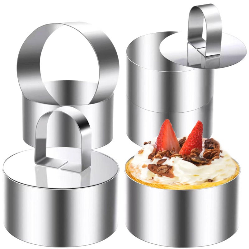 DATANYA Round Cake Ring Molds, 3 Inch Stainless Steel Food Rings Mold with Pushers 3 â€˜â€™ Crumpet Tart Rings for Tuna Tartare, Dessert Cooking (6 Rings & 2 Pushers) - Image 1