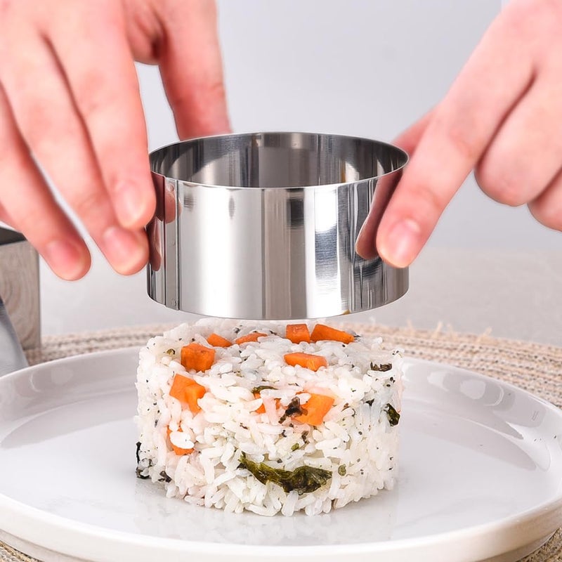 DATANYA Round Cake Ring Molds, 3 Inch Stainless Steel Food Rings Mold with Pushers 3 â€˜â€™ Crumpet Tart Rings for Tuna Tartare, Dessert Cooking (6 Rings & 2 Pushers) - Image 4