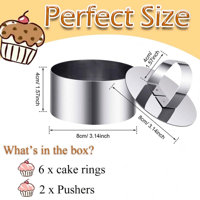 DATANYA Round Cake Ring Molds, 3 Inch Stainless Steel Food Rings Mold with Pushers 3 â€˜â€™ Crumpet Tart Rings for Tuna Tartare, Dessert Cooking (6 Rings & 2 Pushers) - Image 2