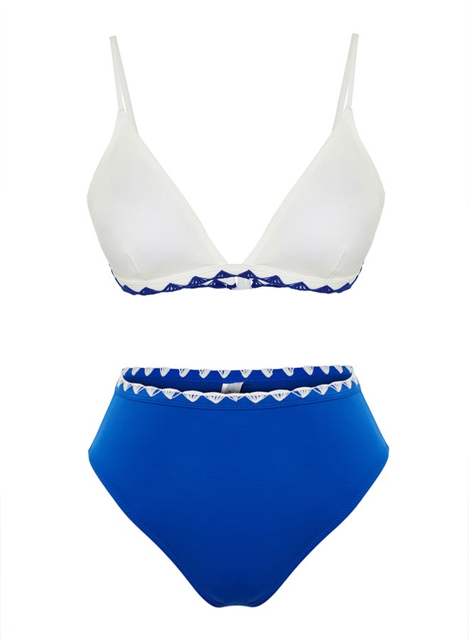 Saxe-White Color Block Triangle Embroidered High Waist Regular Bikini Set