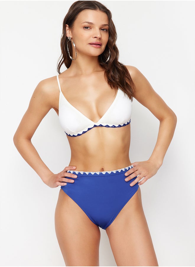 Saxe-White Color Block Triangle Embroidered High Waist Regular Bikini Set