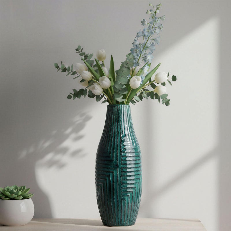hjn Teal Ceramic Vase for Home Decor, Flower Vase for Centerpieces, Modern Decor Vases for Living Room/Bookshelf/Mantel/Home Decor Accents - Teal-13.8" H - Image 1