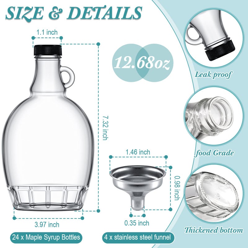Hoolerry 24 Pack Glass Maple Syrup Bottles with 4 Stainless Steel Funnels, Clear Glass Bottle with Loop Handle Glass Containers for Liquids Maple Syrup Jars with Lids (12.68 OZ) - Image 2