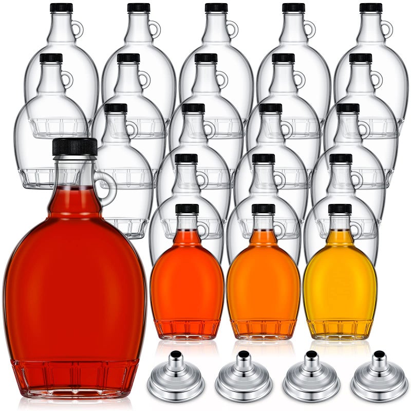 Hoolerry 24 Pack Glass Maple Syrup Bottles with 4 Stainless Steel Funnels, Clear Glass Bottle with Loop Handle Glass Containers for Liquids Maple Syrup Jars with Lids (12.68 OZ) - Image 1