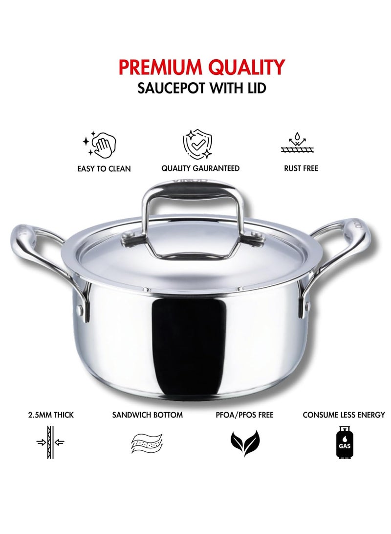 Vinod Platinum Triply Stainless Steel Saucepot with Lid - 24 cm, 5 L, Silver (Induction Friendly) - Image 4