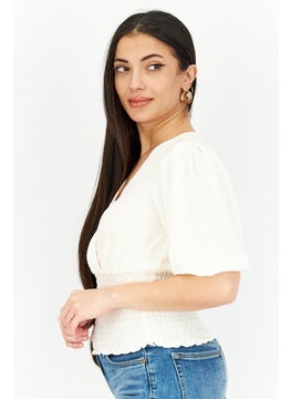 1 State Women V-Neck Puffed Sleeve Smocked Top, Cream  - Image 3