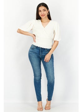 1 State Women V-Neck Puffed Sleeve Smocked Top, Cream  - Image 2