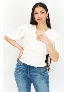 1 State Women V-Neck Puffed Sleeve Smocked Top, Cream  - Image 1