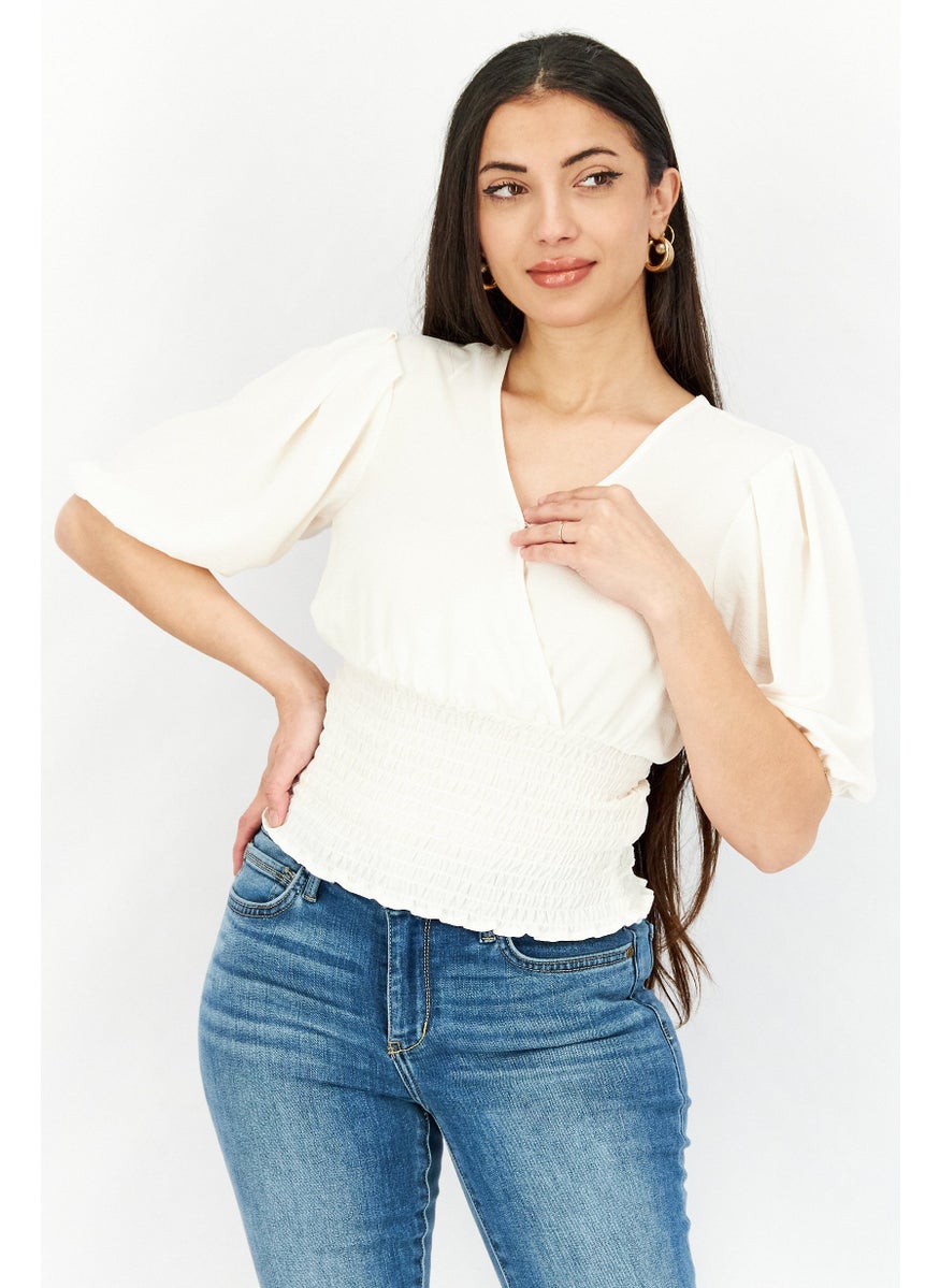1 State Women V-Neck Puffed Sleeve Smocked Top, Cream  - Image 1