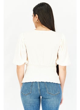 1 State Women V-Neck Puffed Sleeve Smocked Top, Cream  - Image 4