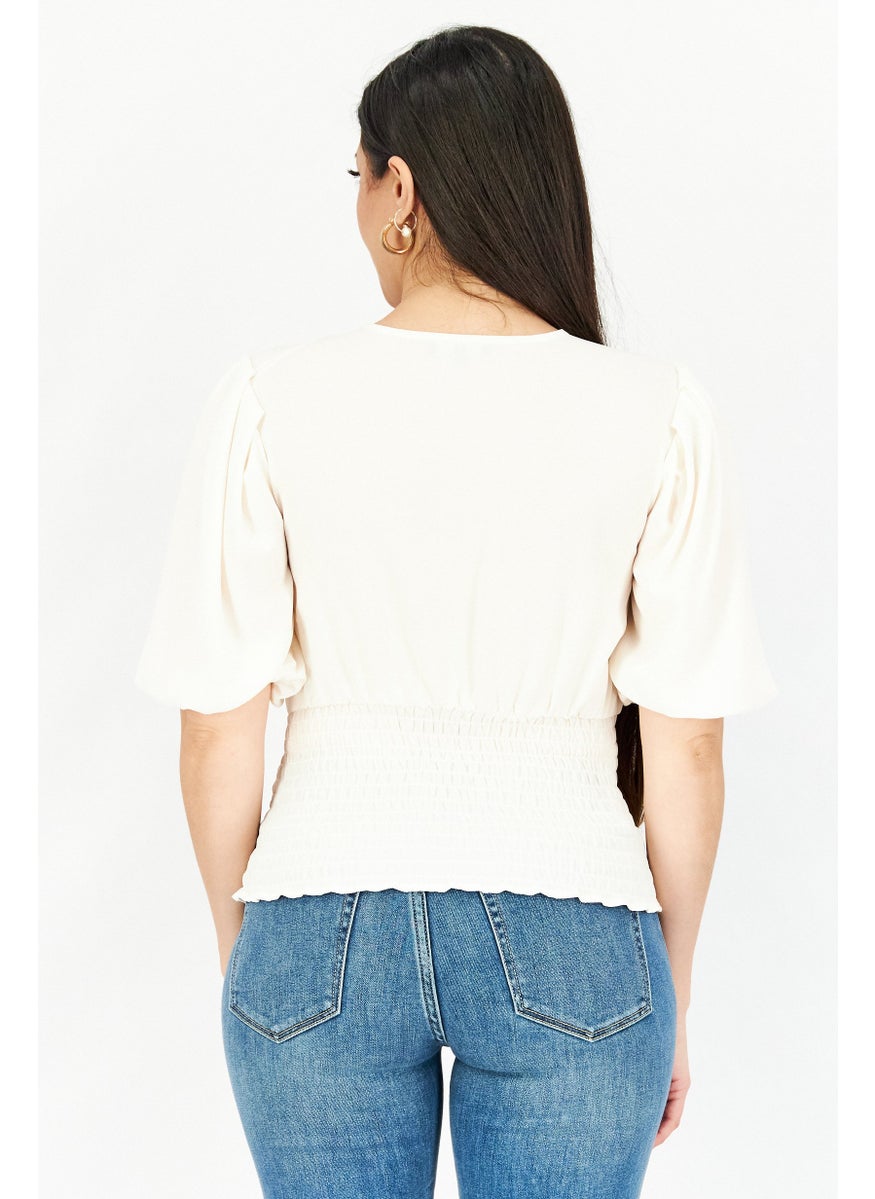 1 State Women V-Neck Puffed Sleeve Smocked Top, Cream  - Image 4