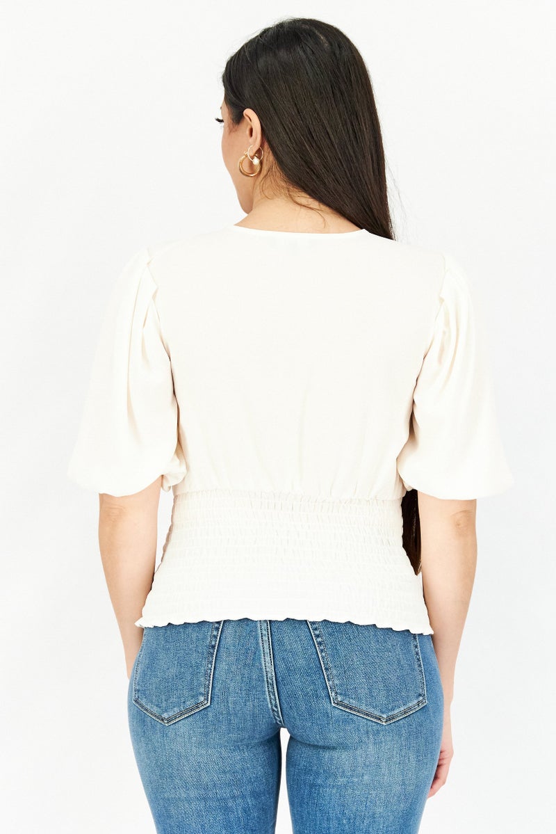 1 State Women V-Neck Puffed Sleeve Smocked Top, Cream - Image 4
