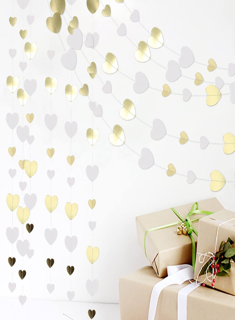 Party Streamers Paper Streamer Banner 52Ft White Gold Love Heart Garland Hanging Paper Streamer Banner for Anniversary Bachelorette Engagement Wedding Bridal Shower Birthday Party Decorations - Image 1