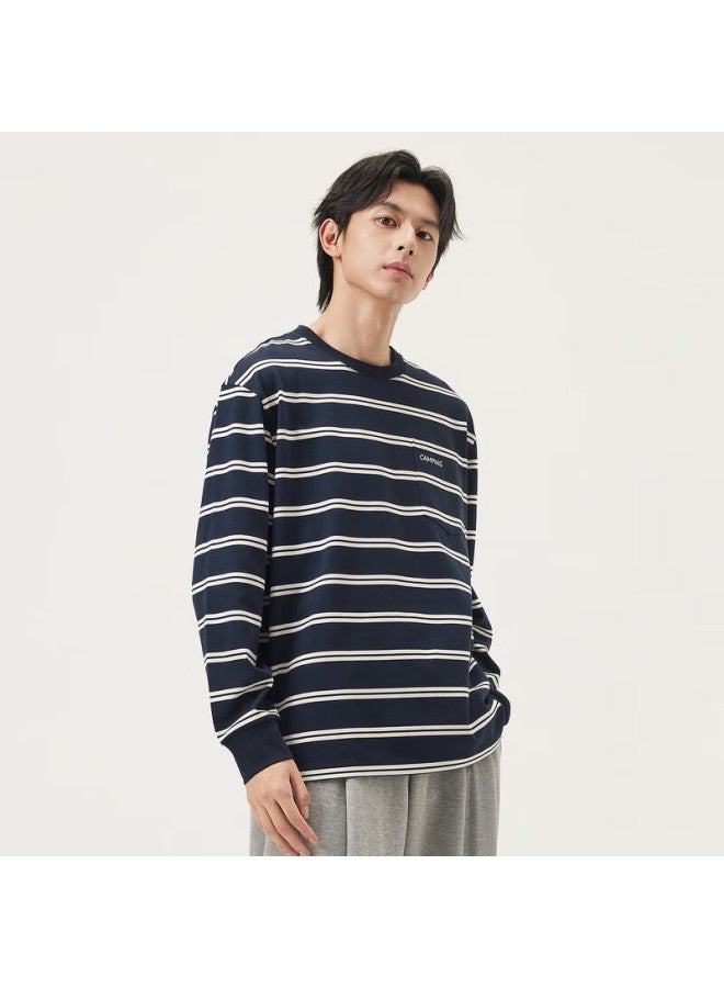 Gxgjeans Men's Colorblock Striped Fashion Loose Fit Crew Neck Long Sleeve T-shirt  Autumn New Navy Stripe 175/l - Image 2