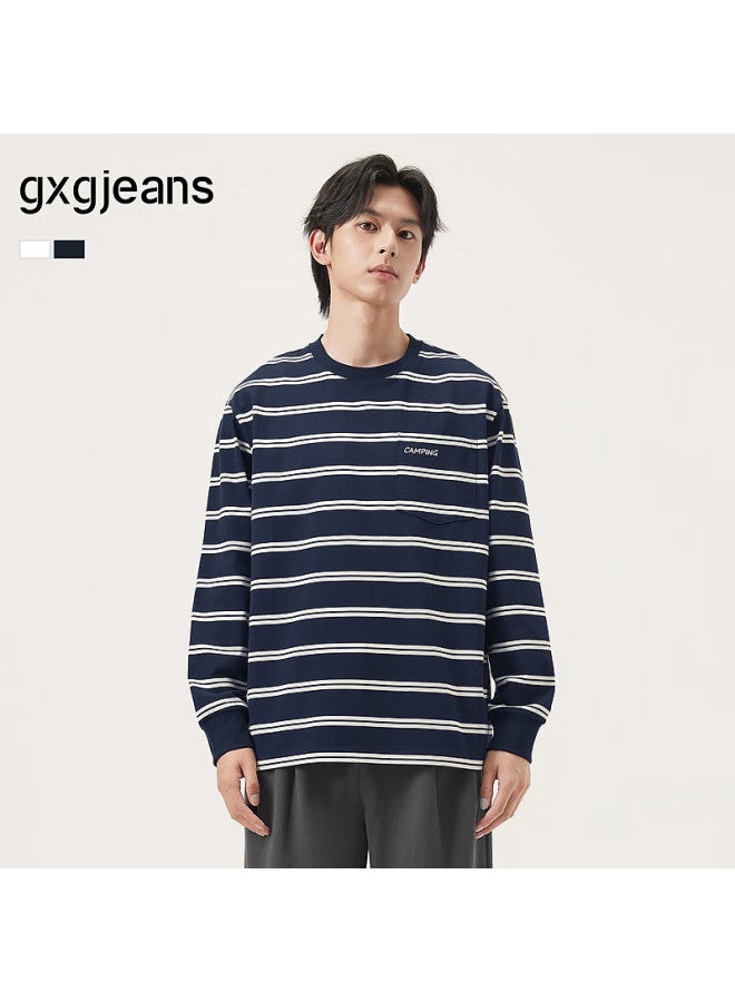 Gxgjeans Men's Colorblock Striped Fashion Loose Fit Crew Neck Long Sleeve T-shirt  Autumn New Navy Stripe 175/l - Image 1