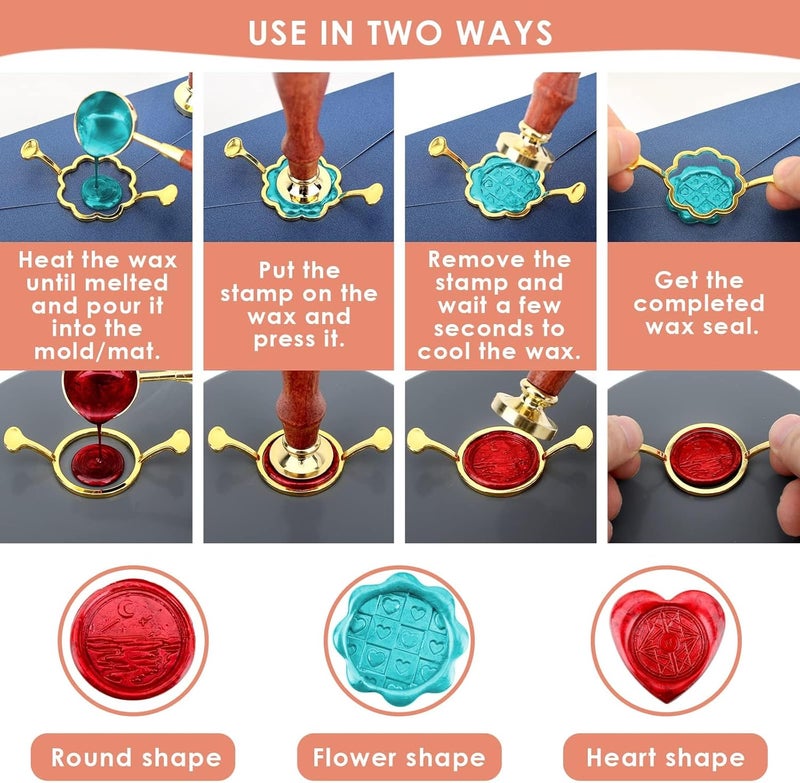 إكسفور مجموعة من 3 قوالب ختم شمع معدنية على شكل قلب على شكل زهرة مستديرة لختم شمع مقاس 1 بوصة، شمع لاصق يدوي الصنع لدعوات الزفاف والمظاريف والبطاقات والهدايا وتغليف النبيذ - Image 4