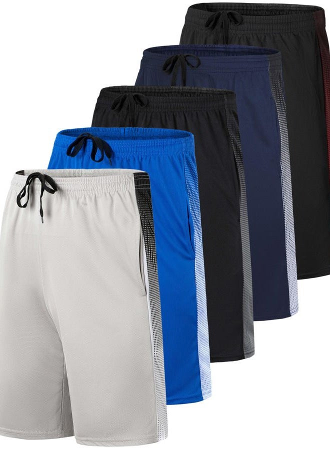 REALESSENTIALS 5 Pack: Big Boys Girls Youth Clothing Knit Mesh Active Athletic Performance Basketball Soccer Lacrosse Tennis Exercise Summer Gym Golf Running Teen Running Shorts Quick Dry Fit Knit- Set 13, M (10/12) - Image 1