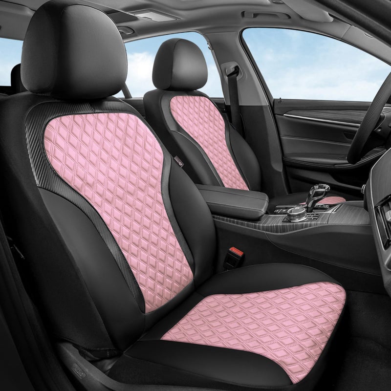 Coverado Seat Covers Front Seats 2Pack Luxury Diamond Leather Car Seat Cover Sports Carbon Fiber Design Waterproof Car Seat Protector Black Pink Automotive Seat Covers Universal Fit Most Cars - Image 2