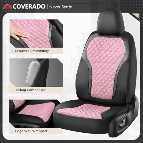 Coverado Seat Covers Front Seats 2Pack Luxury Diamond Leather Car Seat Cover Sports Carbon Fiber Design Waterproof Car Seat Protector Black Pink Automotive Seat Covers Universal Fit Most Cars - Image 3