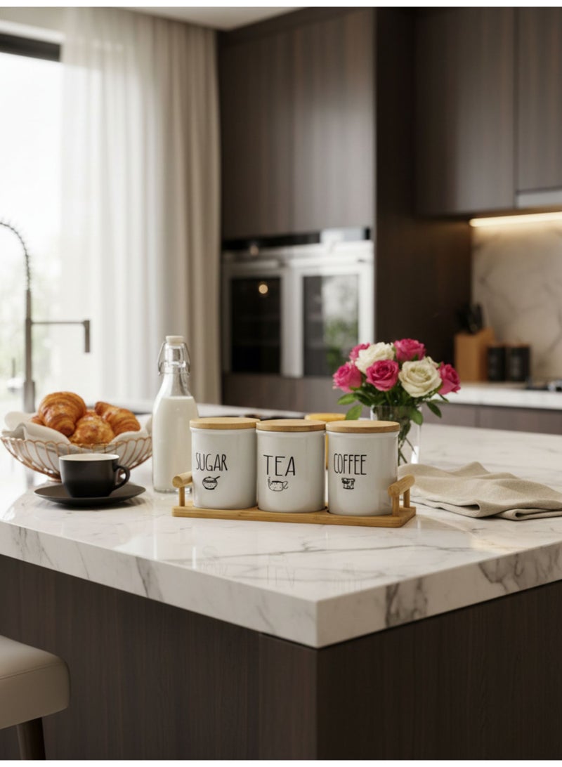 CASA HOME CasaHome Porcelain Jar Set with Bamboo Lids – Classic White & Natural Bamboo, Elegant Countertop Storage for Coffee, Tea - Image 3