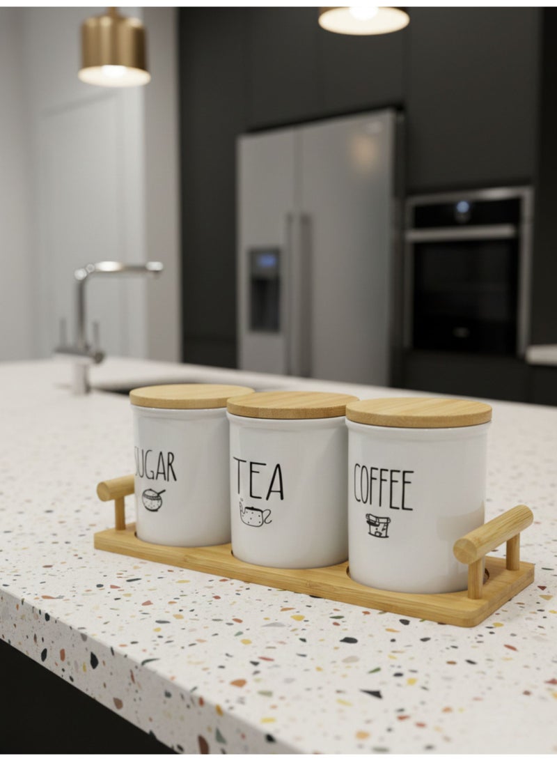 CASA HOME CasaHome Porcelain Jar Set with Bamboo Lids – Classic White & Natural Bamboo, Elegant Countertop Storage for Coffee, Tea - Image 1