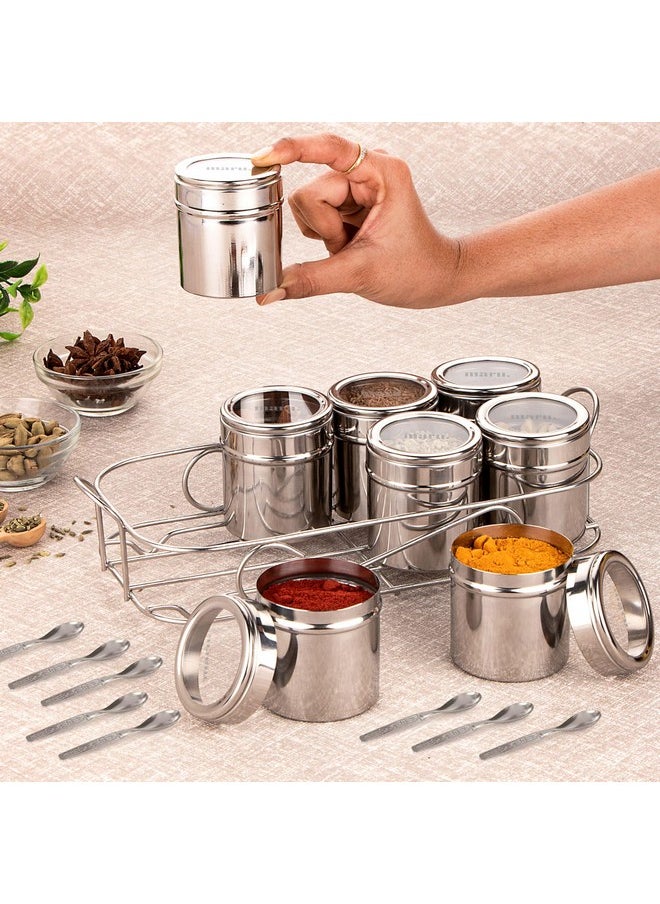 MARU MARU Stainless Steel Masala Box, Durable Herbs & Spice Box for Kitchen with 8 multipurpose storage containers, Popula Masala Dabba with See-Through Lids & Rectangle Wirestand, Masala dani  - Image 1