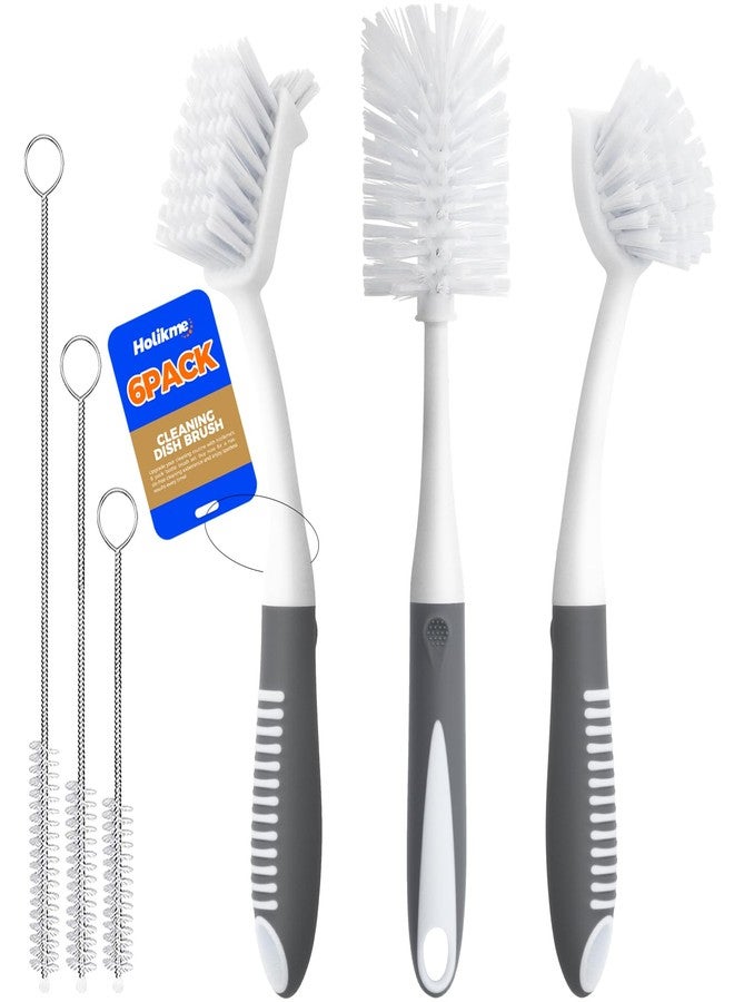 Holikme 6 Pack Dish Brush Set with Bottle Brush, Dish Scrub Brush, Pan Brush and 3 Straw Brushes, Deep Cleaning Handle Brush with Scraper Tip for Kitchen Sink Dishes Bottle Cup Pot and Pans (Gray) - Image 1