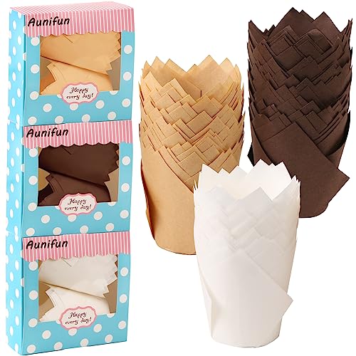 Aunifun 180 Pieces of Tulip Baking Paper Cups Cupcake Muffin Liners Pans Wrappers in 3 Colors, White, Natural, Brown - Image 1