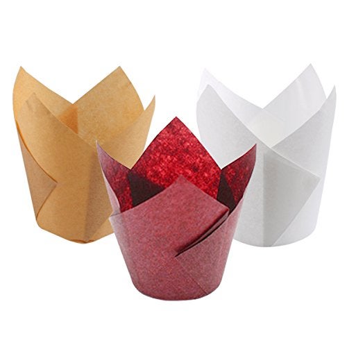 Aunifun 180 Pieces of Tulip Baking Paper Cups Cupcake Muffin Liners Pans Wrappers in 3 Colors, White, Natural, Brown - Image 3