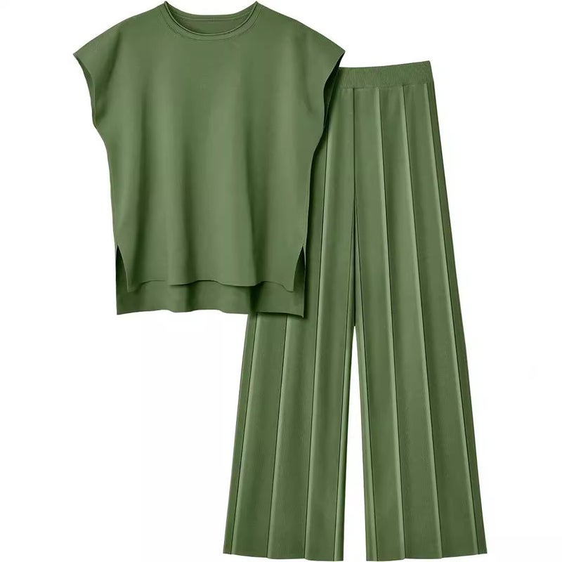 Women's Knitted Casual Set: Sleeveless Vest & Wide-Leg Pants (2-Piece) - Image 4