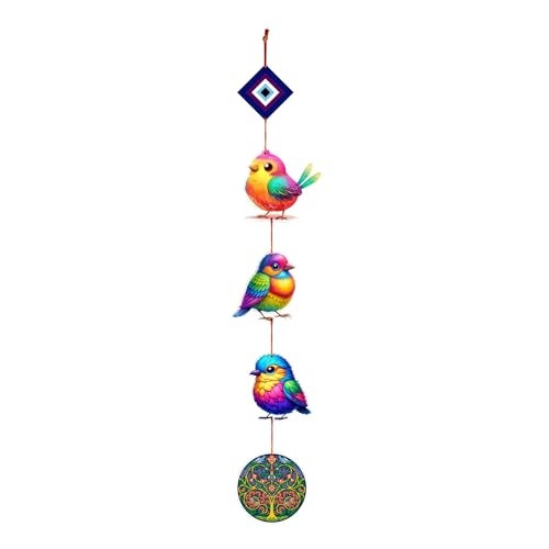 Woodkey Wooden Hanging Birds Wall Décor – Multicolor 3-Bird String Wall Hanging with Evil Eye Charm for Home, Balcony, Kids Room | Decorative Wall Art for Gifting & Home Décor - Image 1