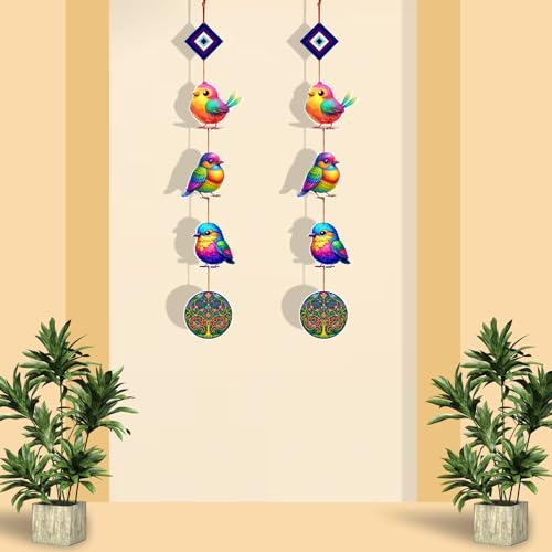 Woodkey Wooden Hanging Birds Wall Décor – Multicolor 3-Bird String Wall Hanging with Evil Eye Charm for Home, Balcony, Kids Room | Decorative Wall Art for Gifting & Home Décor - Image 2