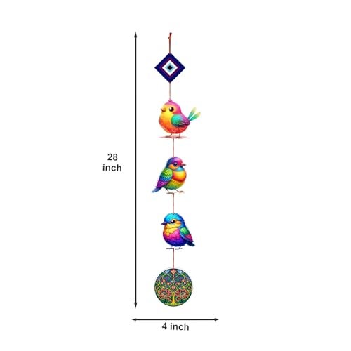 Woodkey Wooden Hanging Birds Wall Décor – Multicolor 3-Bird String Wall Hanging with Evil Eye Charm for Home, Balcony, Kids Room | Decorative Wall Art for Gifting & Home Décor - Image 4