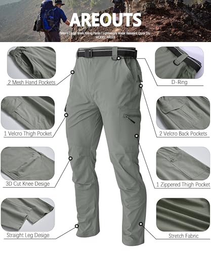 AREOUTS Men's Cargo Work Hiking Pants Lightweight Water Resistant Quick Dry Fishing Travel Camping Outdoor Breathable Multi Pockets Sage Green S - Image 5