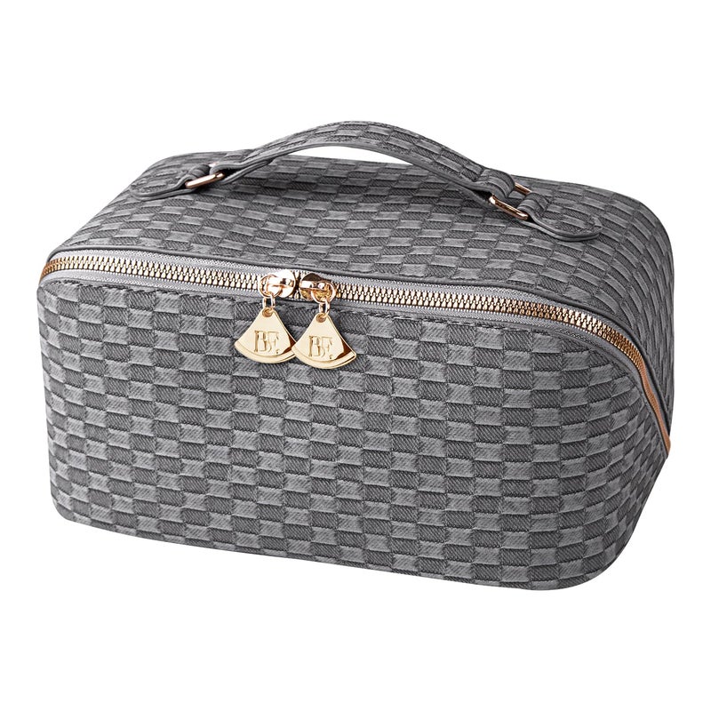 BATFIELD Cosmetic Bag for Women, Litchi PU Leather Makeup Pouch for Women, Large Capacity Cosmetic Travel Bag, Portable Makeup Kit Storage Bag with Handle and Divider (Checkered Grey) 23x12x12 cm - Image 1