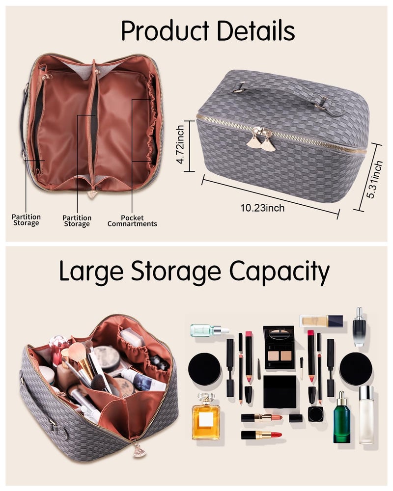 BATFIELD Cosmetic Bag for Women, Litchi PU Leather Makeup Pouch for Women, Large Capacity Cosmetic Travel Bag, Portable Makeup Kit Storage Bag with Handle and Divider (Checkered Grey) 23x12x12 cm - Image 5
